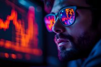 Bearded man in neon lighting watching financial market data reflected in sunglasses, dramatic cyberpunk style portrait with orange and blue color scheme.