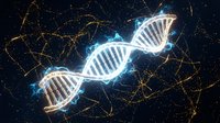 DNA double helix structure with glowing blue energy effects and golden neural network connections on dark background for biotechnology and genetic research.
