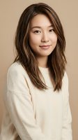 Young Asian woman with layered brown hair wearing cream sweater smiling warmly at camera against neutral beige background for lifestyle portrait photography.