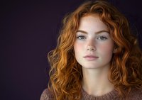 Young woman with natural red curly hair and freckles against dark purple background, wearing light sweater for beauty, fashion, or lifestyle design.