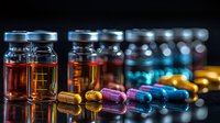Medical capsules and vials with colorful pills and liquid medications arranged on reflective surface against dark background with bokeh lighting effects.