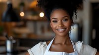 Young African American female barista with natural curly hair and bright smile wearing white apron in modern coffee shop with warm lighting and blurred background.
