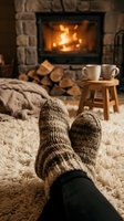 Cozy feet in warm knitted wool socks by crackling fireplace with hot drinks and soft blankets creating hygge winter comfort atmosphere at home.