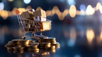 Shopping cart filled with miniature cardboard boxes on stack of golden coins against blurred bokeh lights, representing e-commerce and online retail business.