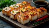 Grilled tofu blocks with teriyaki glaze and sesame seeds on wooden board, served with soy sauce and garnished with fresh herbs for healthy Asian cuisine.