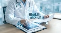 Doctor using digital tablet with health check-up holographic interface and medical icons overlay in modern clinic for telemedicine consultation.