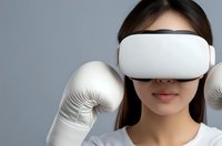 Young Asian woman wearing white VR headset and gloves experiencing virtual reality technology for gaming, training, and digital entertainment applications.