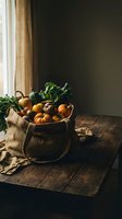 Rustic wicker basket filled with fresh autumn harvest vegetables including pumpkins and leafy greens on wooden table near window for seasonal cooking.