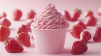 Pink soft serve ice cream in cup surrounded by fresh strawberries on pastel background for summer dessert menu and frozen treat advertising.