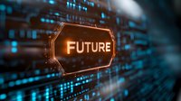 Glowing orange future text on hexagonal shape against blurred digital matrix background with streaming data and blue technology elements. Great for innovation concepts.