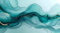 Abstract teal and turquoise alcohol ink waves with gold accents flowing across white background. Modern fluid art design for contemporary decor and branding.