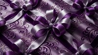 Elegant purple satin ribbons with ornate floral patterns create luxurious gift wrapping design for special occasions and celebrations.