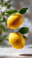 Fresh ripe yellow lemons with green leaves floating in air against light background, creating dynamic composition with natural shadows and textures.