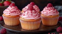 Fresh raspberry cupcakes with pink buttercream frosting topped with whole berries and sprinkles on rustic wooden serving board, sweet dessert photography.