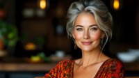 Elegant mature woman with blonde hair and natural makeup wearing red floral dress smiles warmly in soft evening lighting, expressing confidence and joy in upscale setting.