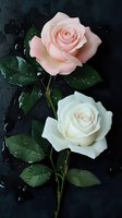 Delicate pink and white roses with water drops on dark background, fresh green leaves with morning dew create dramatic romantic mood for wedding design.