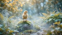 Young chick standing on moss-covered stone surrounded by wildflowers and ferns in misty forest clearing, suitable for nature and wildlife editorial use.