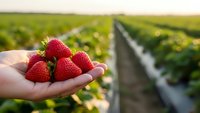 Fresh ripe strawberries in cupped hands at organic farm with green plantation rows in background during golden hour harvest time for healthy eating.