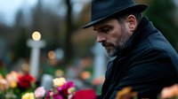 Middle-aged Caucasian man with beard wearing black coat and hat stands thoughtfully near colorful flowers at dusk, bokeh lights create moody atmosphere.