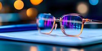 Modern eyeglasses with rose gold frames on digital tablet screen reflecting colorful bokeh lights in background, closeup view with shallow depth of field.