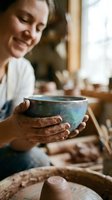 Caucasian female artisan potter displaying handcrafted ceramic bowl in studio workshop, showcasing clay pottery creation and traditional craftsmanship techniques.