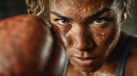 Intense athletic woman with sweat and dirt on face showing determination and focus after workout or sports training session.