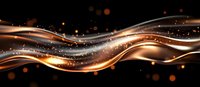 Glowing golden waves with sparkling particles flow on black background, creating luminous abstract pattern with shimmering light effects and bokeh elements.