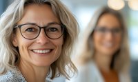 Mature blonde businesswoman wearing glasses smiling at camera in office setting with female colleague blurred in background, showing confidence and success.