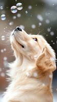 Curious Golden Retriever puppy looking up at floating soap bubbles against blurred background, soft cream-colored fur catching light, playful expression and gentle pose.