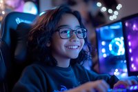 Young Hispanic female gamer wearing glasses smiles while playing video games in neon-lit gaming setup with gaming chair and monitors glowing in background.