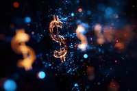 Glowing digital dollar sign with particles and bokeh effects on dark background, symbolizing digital currency and financial technology concept.