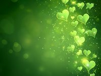 Glowing green hearts float against emerald bokeh background with sparkles and light effects, creating romantic magical atmosphere for Valentine's Day designs.
