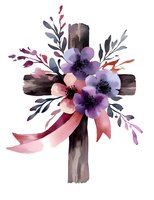 Wooden cross decorated with purple and pink watercolor flowers and pink ribbon, isolated on white background for religious cards and Easter designs.