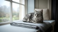 Gray tabby cat resting on a folded blanket by a window with a garden view, creating a cozy and peaceful home atmosphere.
