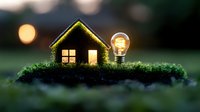 Glowing miniature house and light bulb on moss at dusk, symbolizing eco-friendly home solutions and sustainable energy concepts for real estate and environment.