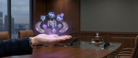 Businesswoman holding holographic flowers in modern office workspace with city skyline view, representing innovation and digital technology for corporate presentations.