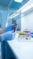 Laboratory technician in blue gloves holding blood sample test tube in modern medical lab with colorful specimen collection tubes for clinical analysis.