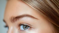 Close-up macro shot of female eye with natural makeup, blonde hair and perfectly groomed eyebrow showing professional beauty treatment and cosmetic results.