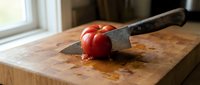 Fresh red tomato being sliced with sharp kitchen knife on wooden cutting board in bright natural light, suitable for cooking, recipe, and food preparation content.