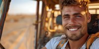 Young Caucasian male with bright smile and beard wearing backpack outdoors during golden hour sunset, expressing joy and adventure spirit. Natural lifestyle portrait.