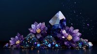 Mystical crystal formation with purple amethyst gems and delicate flowers on dark starry background for spiritual wellness and meditation designs.