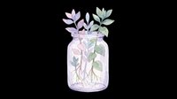 Watercolor glass jar with sprouting plants and roots, soft pastel purple and green tones, isolated on transparent background, ready for stickers, cards, and t-shirt design.