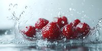 Fresh red cherries splashing in clear water creating dynamic droplets and ripples, perfect for food advertising and culinary content.