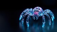 Glowing neon spider with blue and pink luminescent details on dark background creates mysterious and futuristic atmosphere, suitable for Halloween designs and tech concepts.