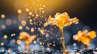 Golden liquid splash forming flower shape with droplets against dark background with bokeh lights, capturing dynamic motion in macro photography.