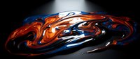 Abstract liquid metal sculpture with flowing orange and blue chrome waves on black background for modern design projects.
