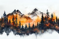 Dramatic mountain landscape with misty peaks and pine forest silhouettes against vibrant orange sunset sky, watercolor style artwork with dripping effect.