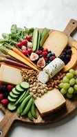 Gourmet cheese and charcuterie board with fresh vegetables, berries, nuts and crackers arranged on wooden serving platter for entertaining and appetizers.