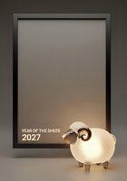 Cute sheep figurine with curved horns positioned next to empty frame displaying Year of the Sheep 2027 text, suitable for lunar calendar designs and holiday marketing materials.