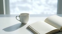 Ceramic mug with open notebook on white desk near window with natural daylight, suitable for workspace, productivity, and lifestyle content.